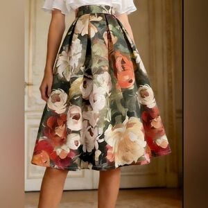 **COMING APRIL 2ND** Floral A-Line Midi Skirt in Black with Multi-Color Blooms
